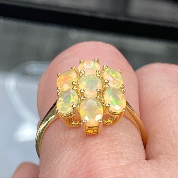 10k Yellow Gold 2 Carat Opal Ring - Fire Opal Flower Custer Ring - Picture 12 of 15